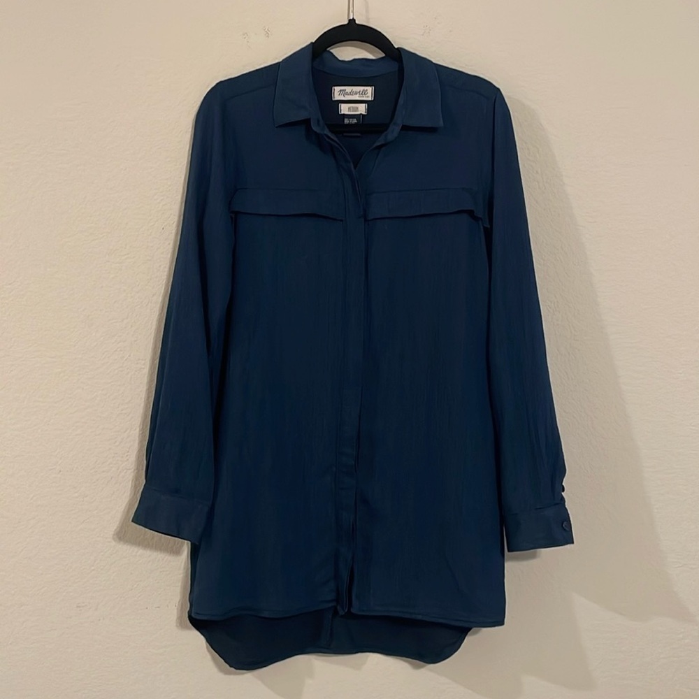 Madewell Women's Button Front Shirt Medium 100% Cotton Longline Long Sleeve